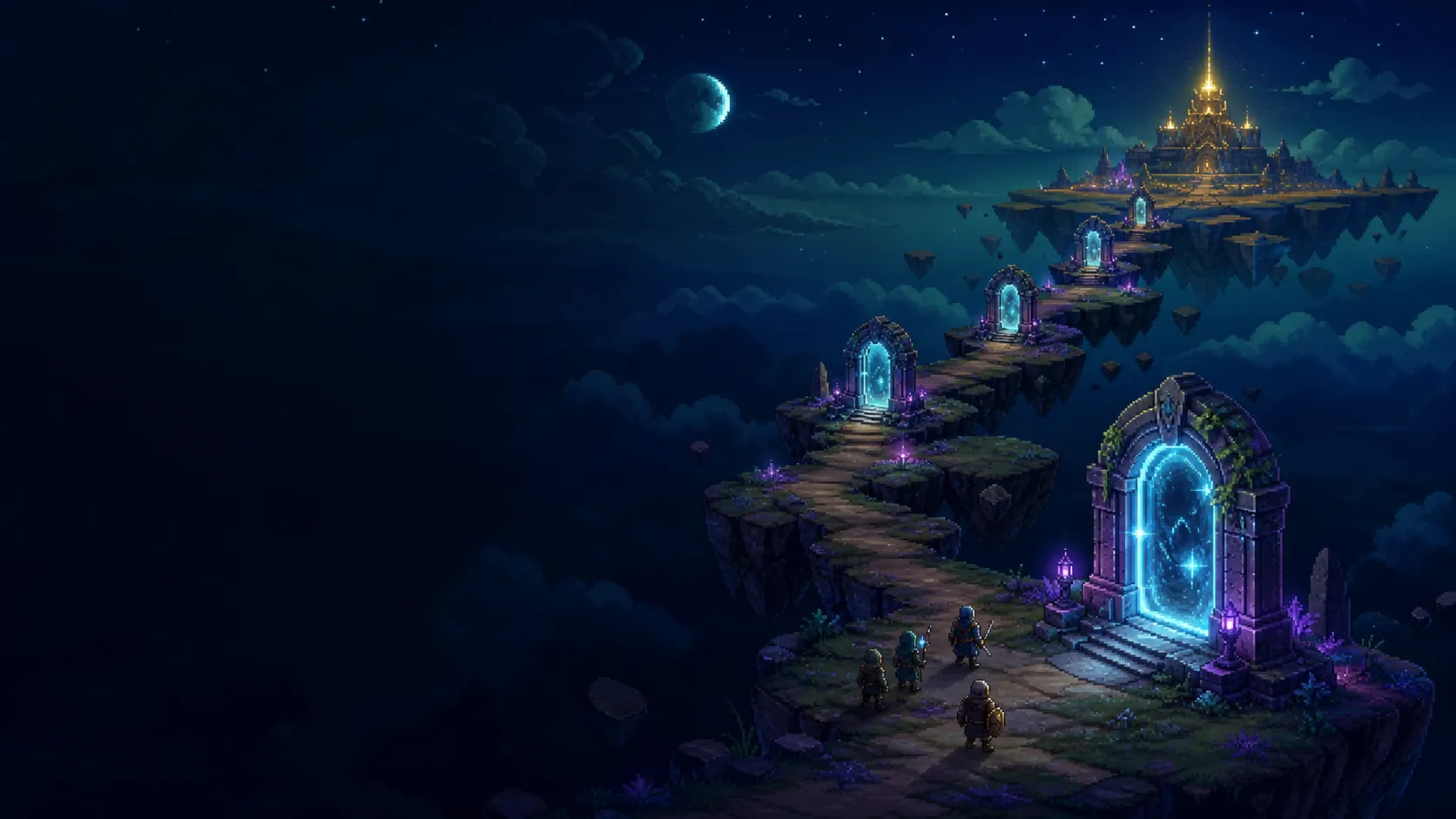 Original pixel-art expedition path with glowing portals used as Task Bar Hero Atlas update desk artwork