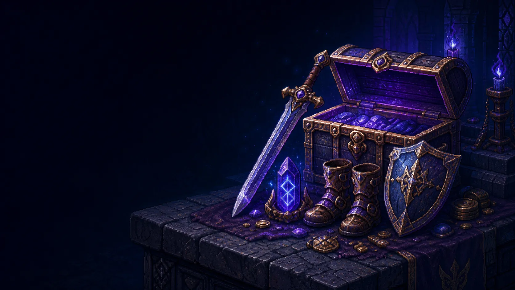 Original pixel-art treasure cache with a glowing rune crystal, used as a pet and collection reference illustration