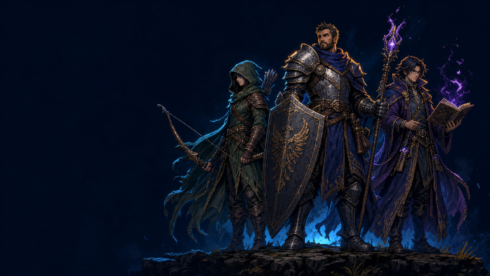 Original pixel-art ranger, guardian and arcane scholar representing three build roles