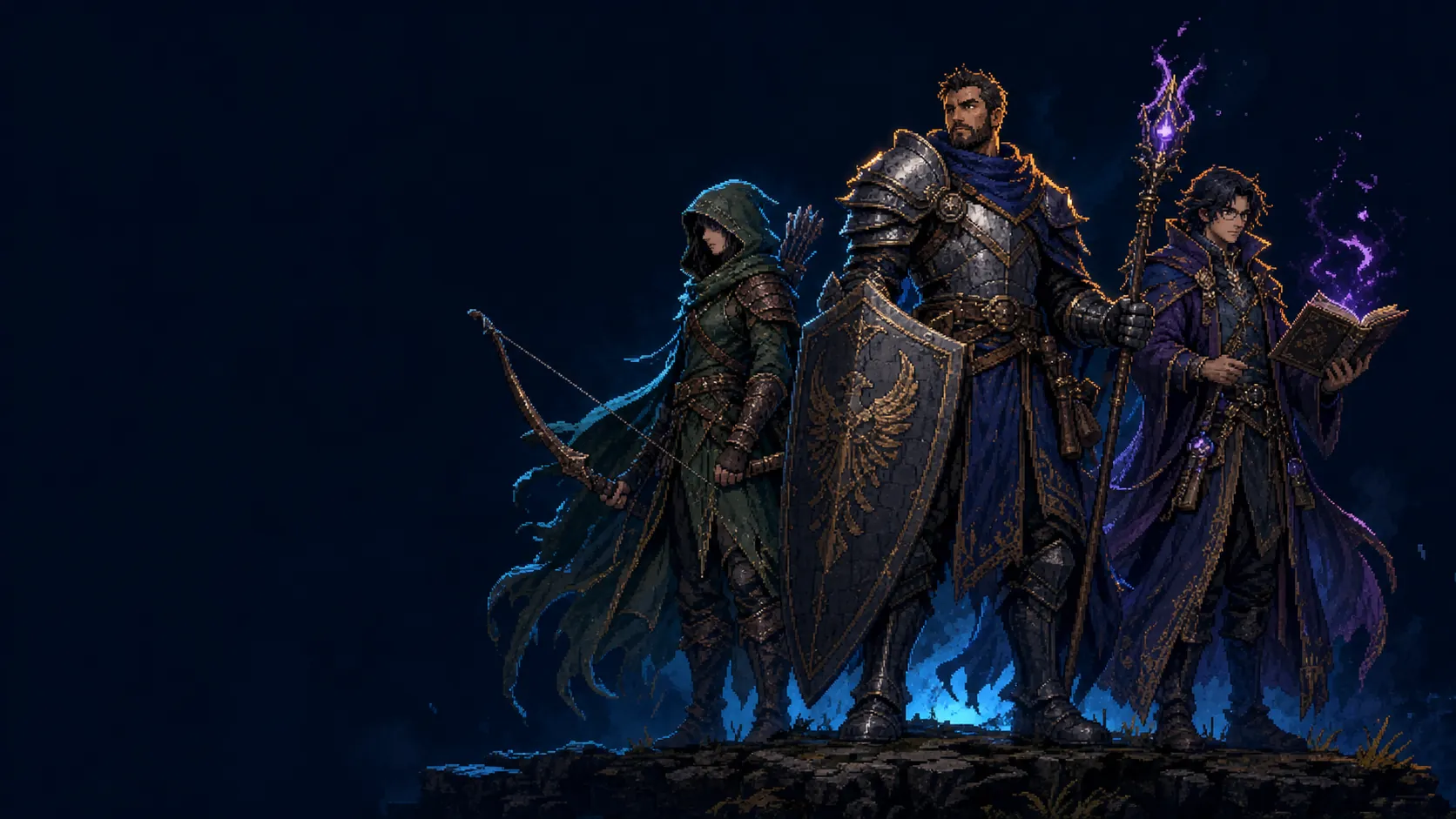 Original pixel-art ranger, guardian and arcane scholar representing three build roles