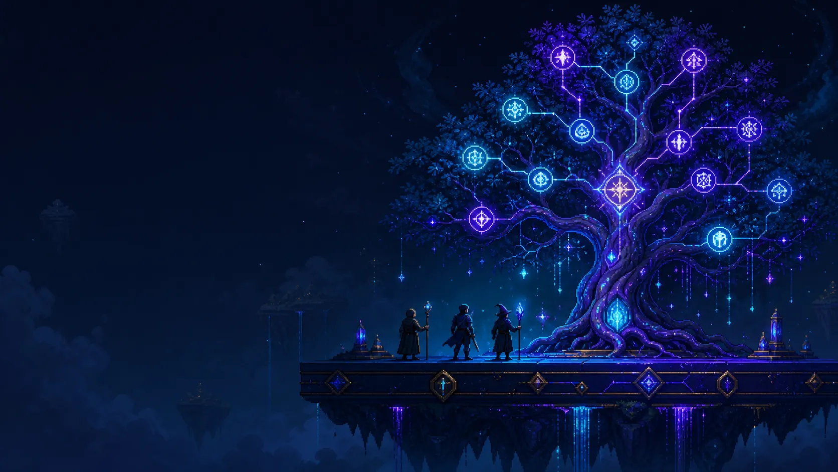 Original pixel-art adventurers beneath a glowing rune tree